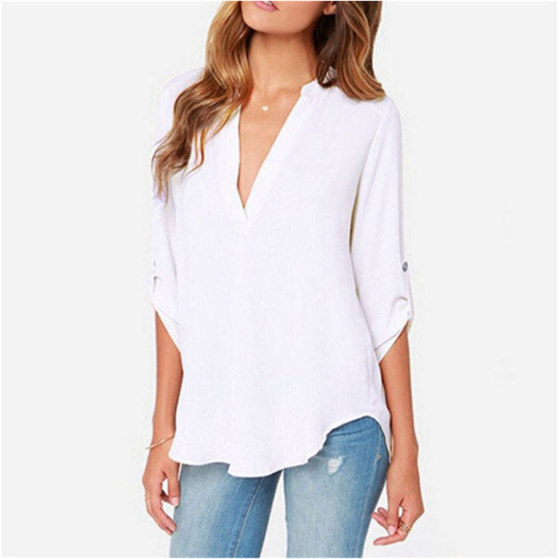 Womens Plus Size V-Neck Long Sleeve Ruched Chiffon Shirt Image 1
