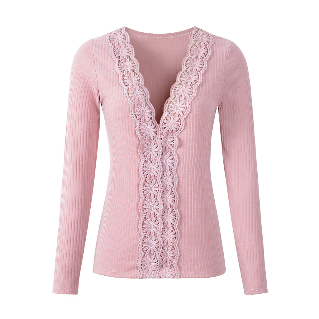 Womens V-neck Sexy Lace Long Sleeve Sweater Top Image 4