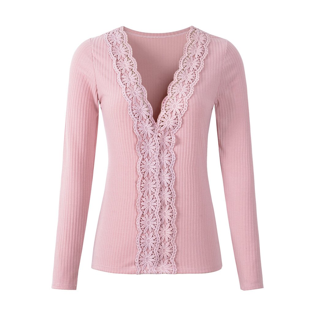 Womens V-neck Sexy Lace Long Sleeve Sweater Top Image 1