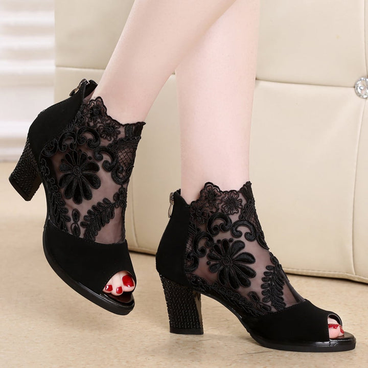 Womens Mesh Heels Thick Lace Fish Mouth Image 1