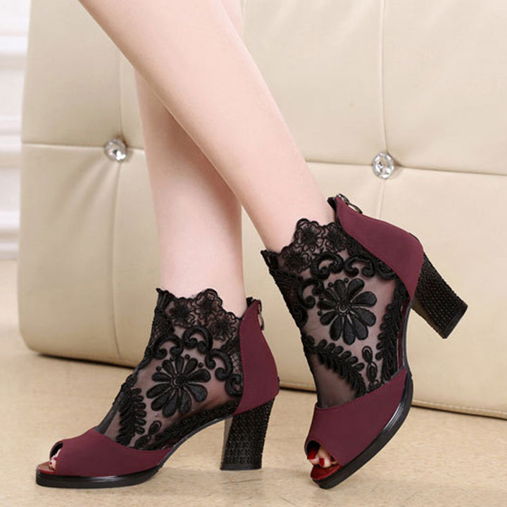 Womens Mesh Heels Thick Lace Fish Mouth Image 3