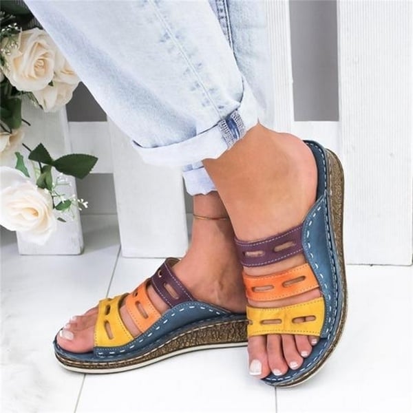 Women Fashion Leather Vintage Slippers Heels Open Toe Sandals Image 1