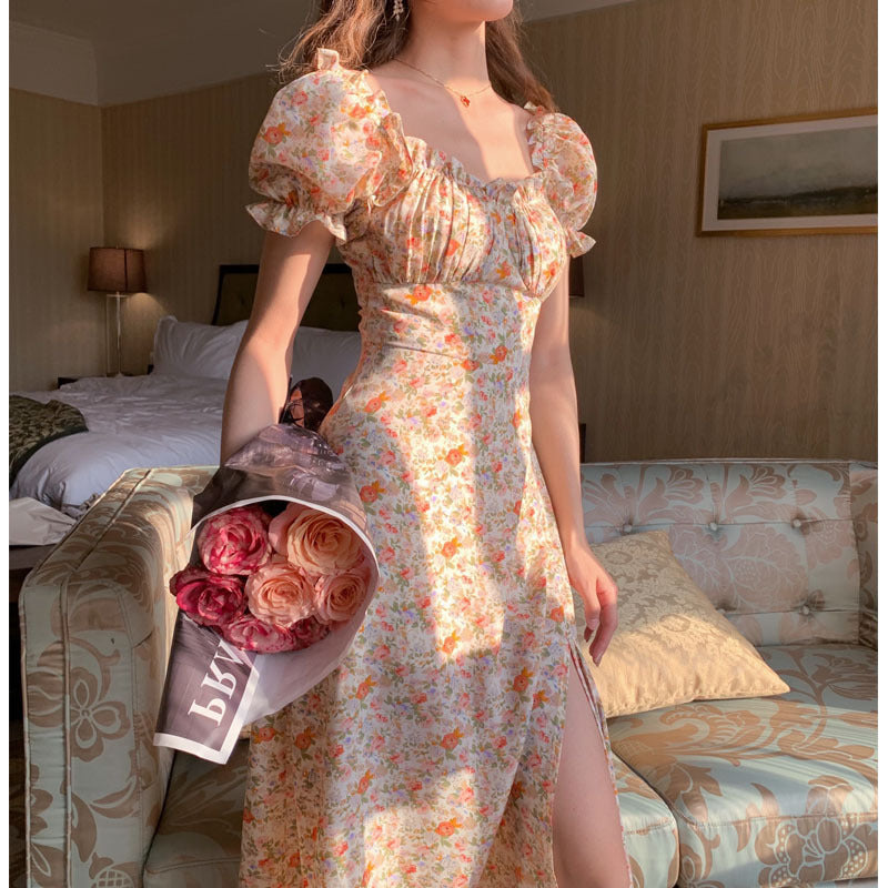 Summer  square collar lace dress early summer and sweet orange floral series bubble short sleeve long skirt female Image 4