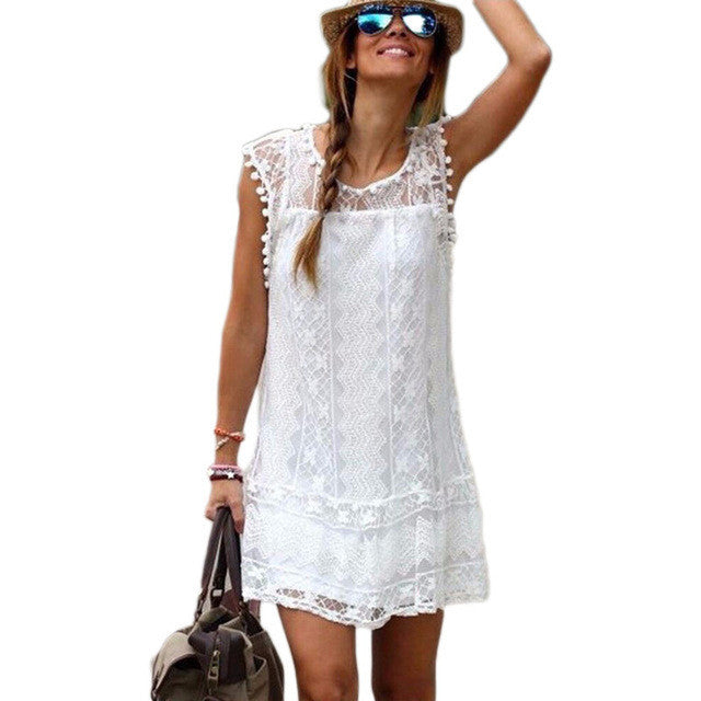 Women Lace Sleeveless Beach Short Tassel Mini Dress Image 2
