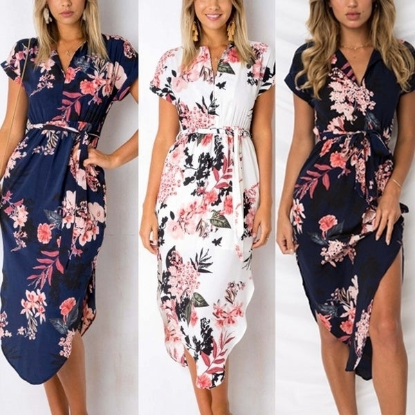 Sleeveless Floral Print Elegant Dress Drawstring Waist Slim Party Beach Maxi Dress Image 1