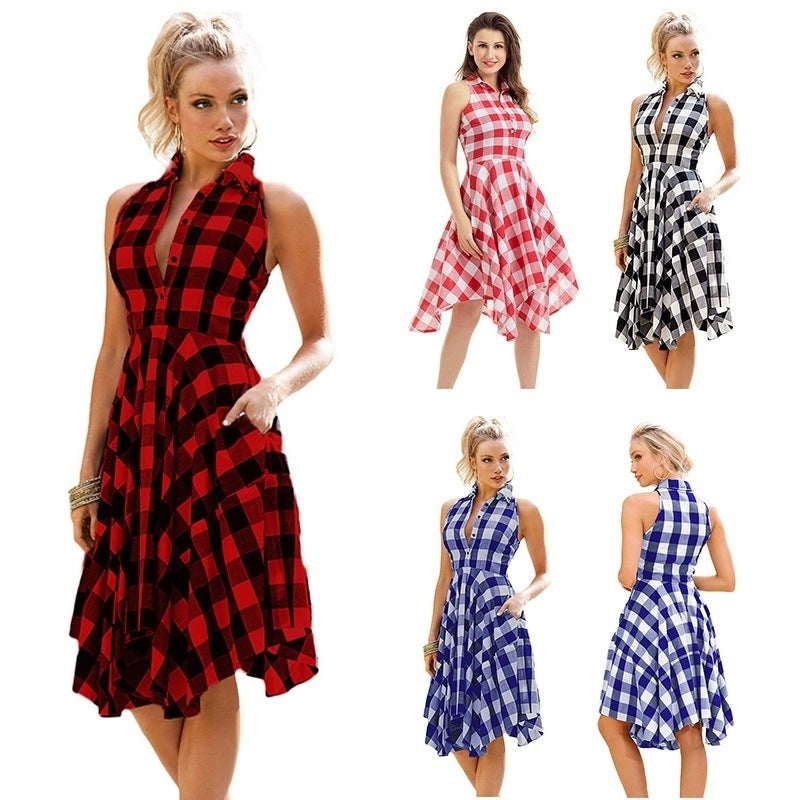 Women Sleeveless Plaid Vintage Dress Casual Dress Image 1