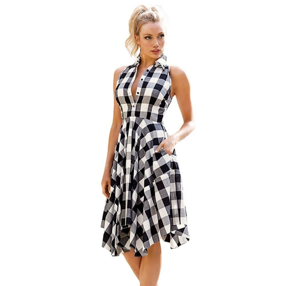 Women Sleeveless Plaid Vintage Dress Casual Dress Image 2