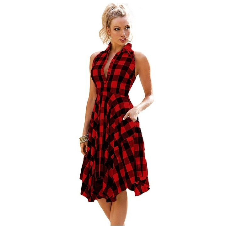 Women Sleeveless Plaid Vintage Dress Casual Dress Image 3