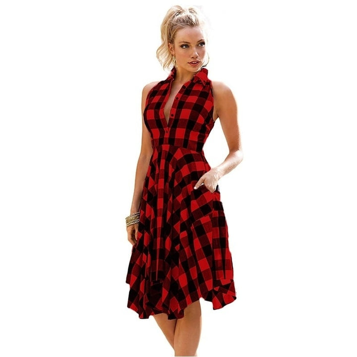 Women Sleeveless Plaid Vintage Dress Casual Dress Image 1