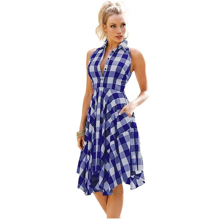 Women Sleeveless Plaid Vintage Dress Casual Dress Image 4