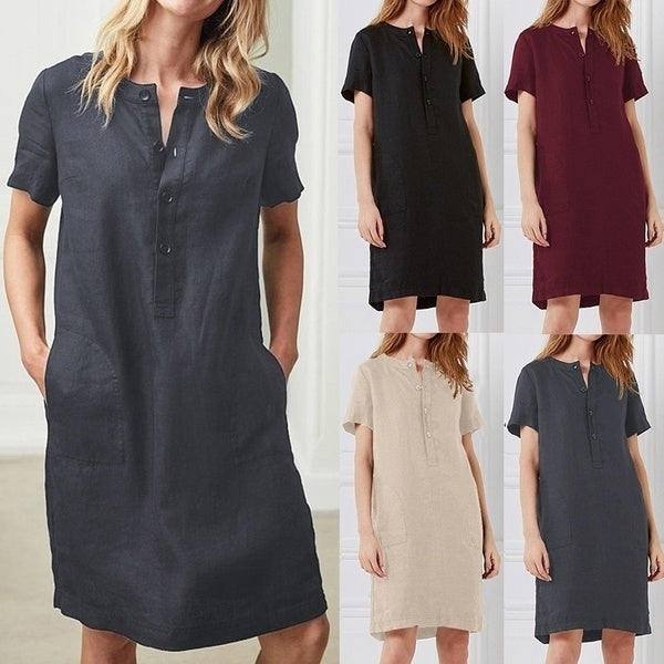 Womens O Neck Short Sleeve Cotton Linen Casual Knee Length Dress Image 1