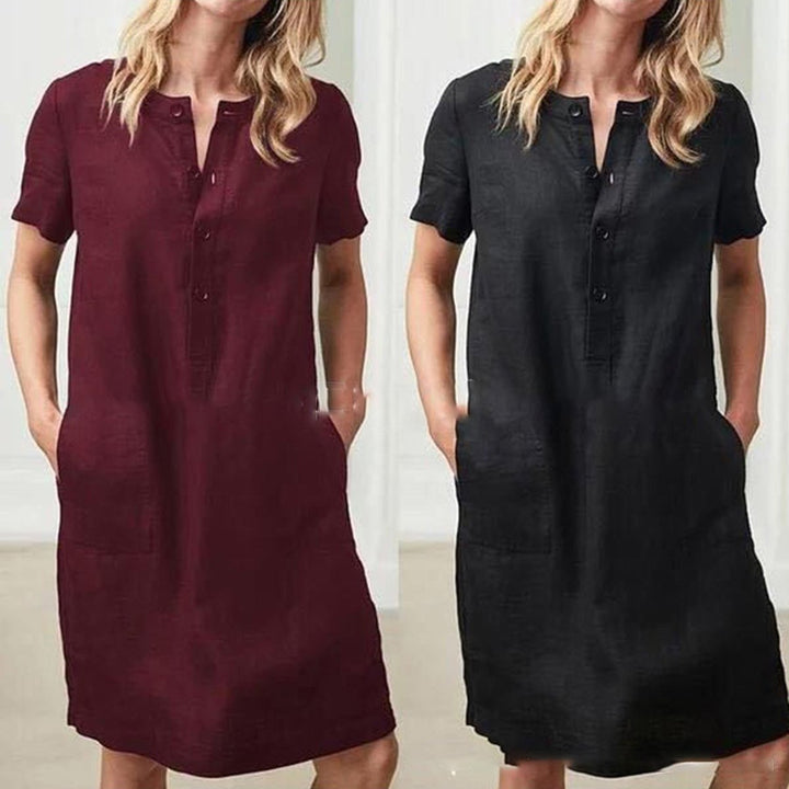 Womens O Neck Short Sleeve Cotton Linen Casual Knee Length Dress Image 3