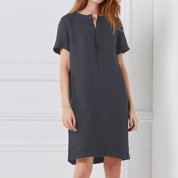 Womens O Neck Short Sleeve Cotton Linen Casual Knee Length Dress Image 1