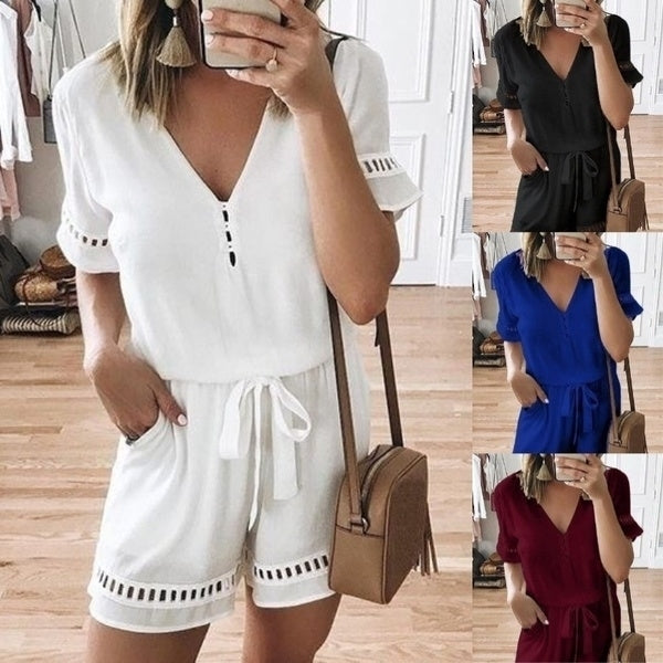 Women Shorts Summer Jumpsuits Casual V Neck Loose Image 1