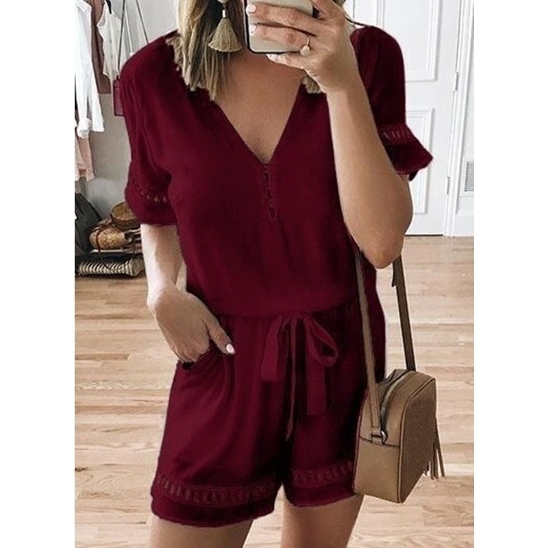 Women Shorts Summer Jumpsuits Casual V Neck Loose Image 2