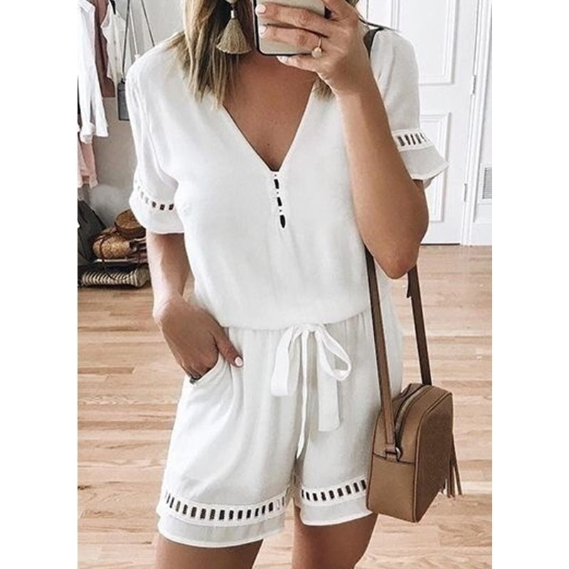 Women Shorts Summer Jumpsuits Casual V Neck Loose Image 1