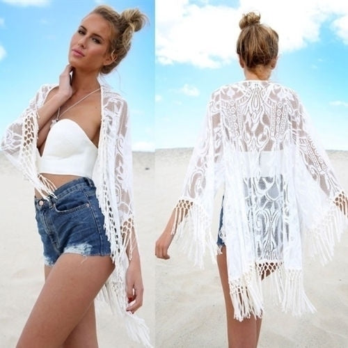 Women Lace Crochet Tassel Bikini Cover Up Beach Dress Image 1