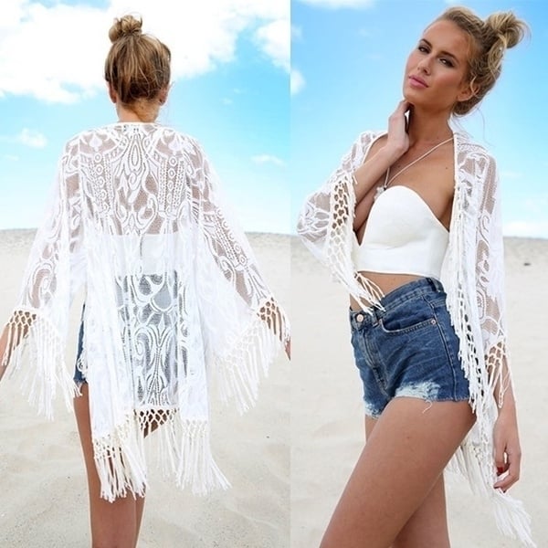 Women Lace Crochet Tassel Bikini Cover Up Beach Dress Image 2