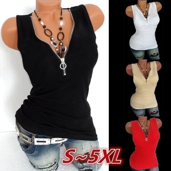 Womens Sleeveless Deep V-neck Package Hip Zipper Shirt Vest Image 1