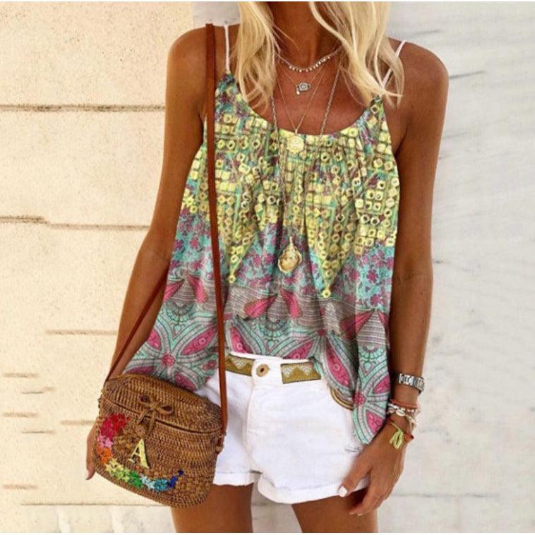 Women Casual Camisole Loose Beach Print Cotton T-Shirt Image 3
