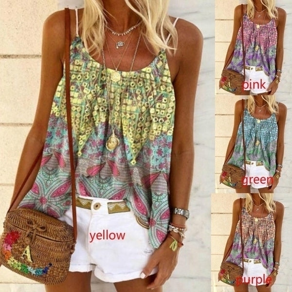Women Casual Camisole Loose Beach Print Cotton T-Shirt Image 1