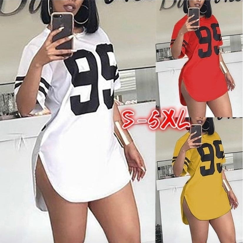 Letter Print Curved Hem Casual Dress Summer Sport Style T Shirt Plus Size Image 1