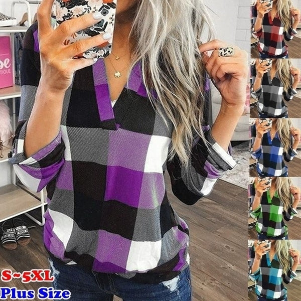 Slim Blouse V-neck Shirt Female Casual Long Sleeve Plaid Tops Image 1