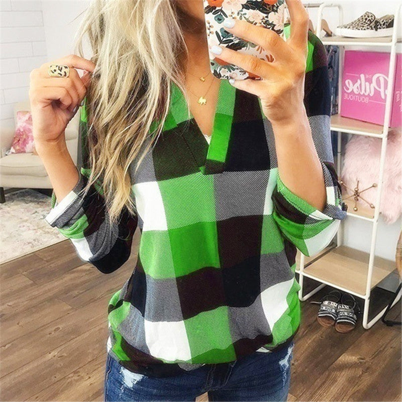 Slim Blouse V-neck Shirt Female Casual Long Sleeve Plaid Tops Image 2