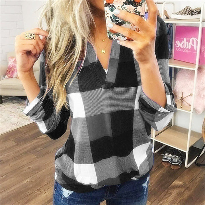 Slim Blouse V-neck Shirt Female Casual Long Sleeve Plaid Tops Image 3