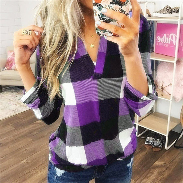 Slim Blouse V-neck Shirt Female Casual Long Sleeve Plaid Tops Image 4