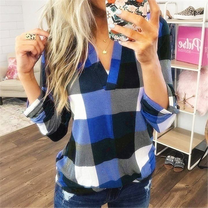 Slim Blouse V-neck Shirt Female Casual Long Sleeve Plaid Tops Image 1