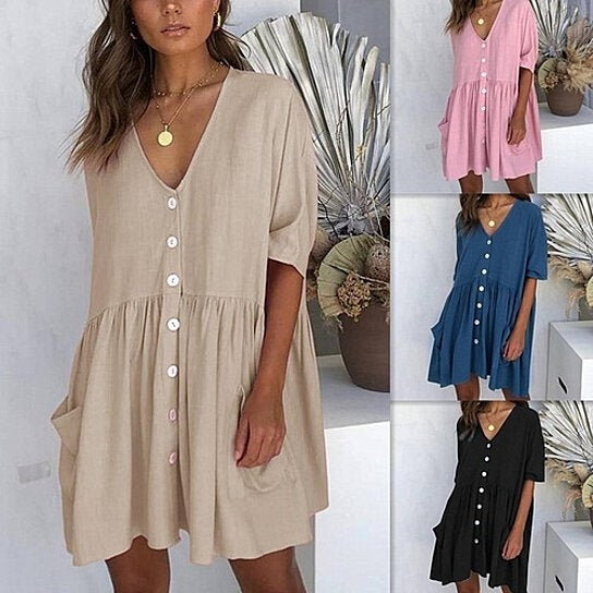 V Neck Short Sleeve Button Down Loose Fit Mini DressesS to XL Image 1