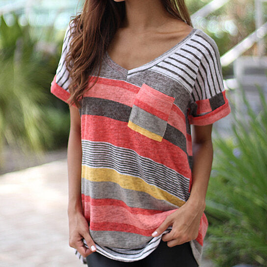 V-Neck Stripe Short Sleeve Tee in Plus Size S to 5XL Image 2