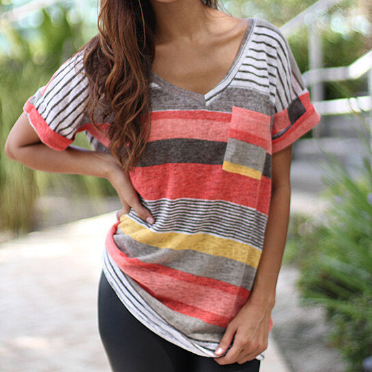 V-Neck Stripe Short Sleeve Tee in Plus Size S to 5XL Image 3