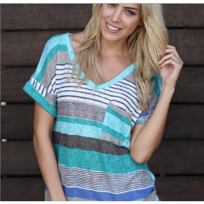 V-Neck Stripe Short Sleeve Tee in Plus Size S to 5XL Image 1