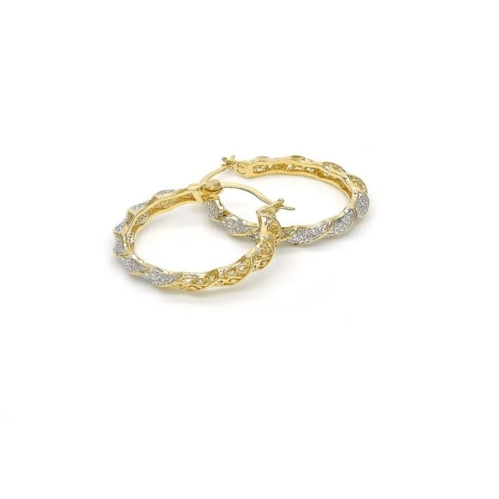 2-Tone Gold Diamond Accent Hoop Earrings 18k Yellow Gold Filled High Polish Finsh Image 2