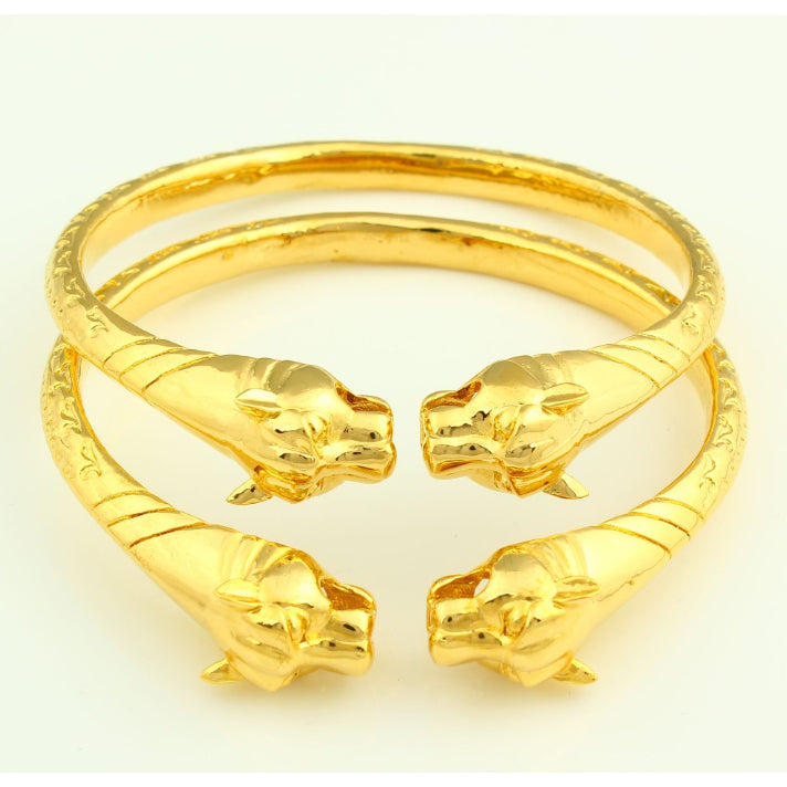 18k Yellow Gold Filled High Polish Finsh Lion Adjustable Bangle 2pc Set Image 2