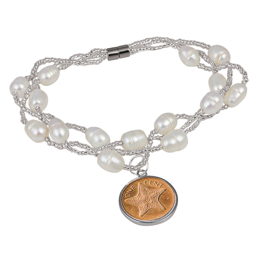 Starfish One Cent Freshwater Pearl Magnetic Closure Coin Bracelet Image 1