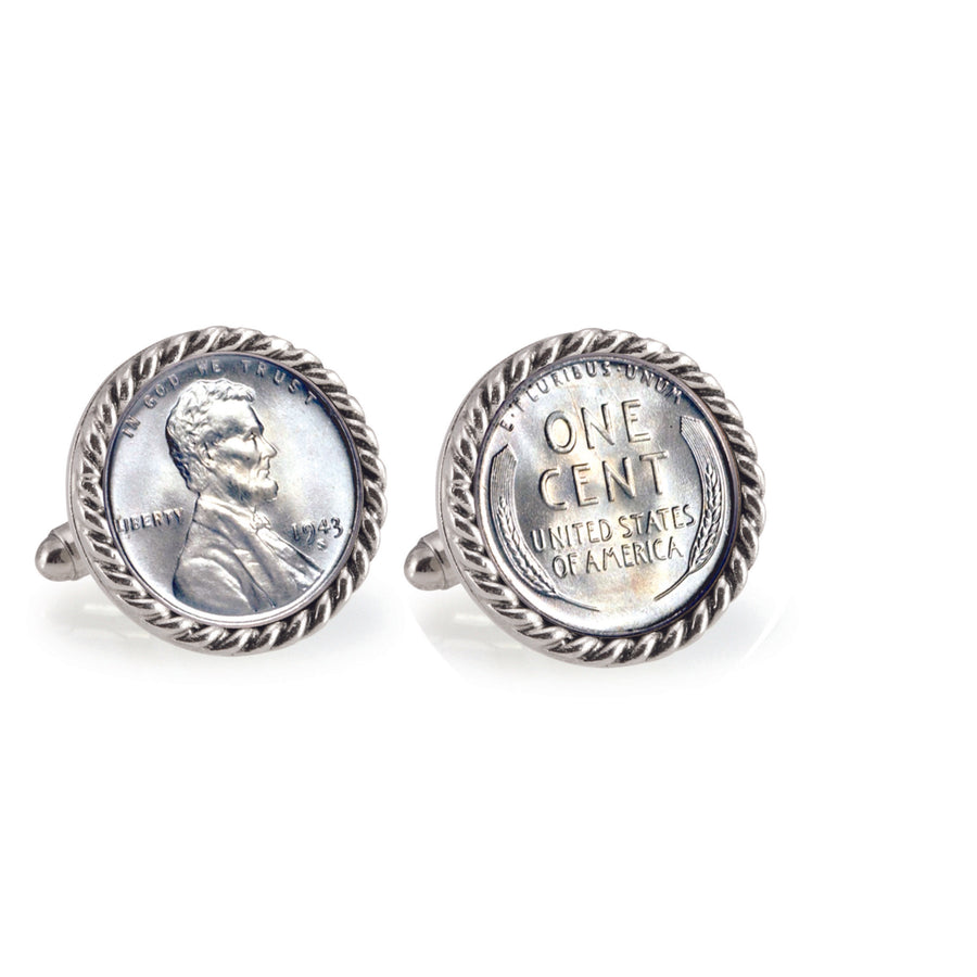 1943 Lincoln Steel Penny Silvertone Rope Bezel Coin Cuff Links Image 1