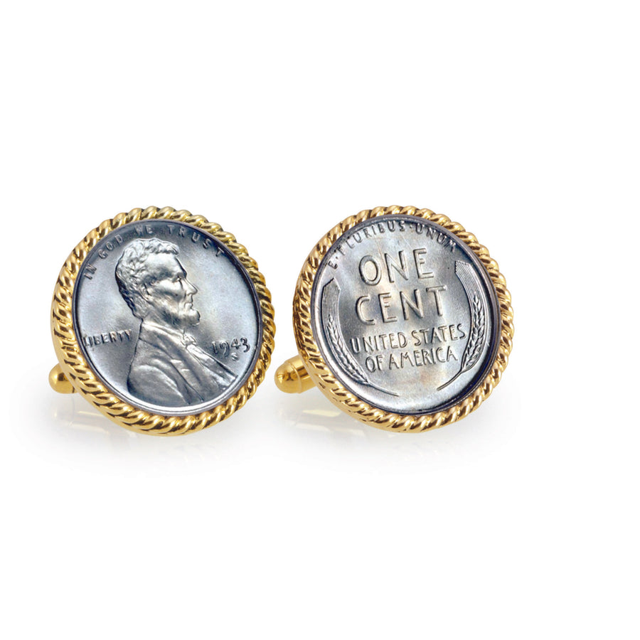 1943 Lincoln Steel Penny Goldtone Rope Bezel Coin Cuff Links Image 1