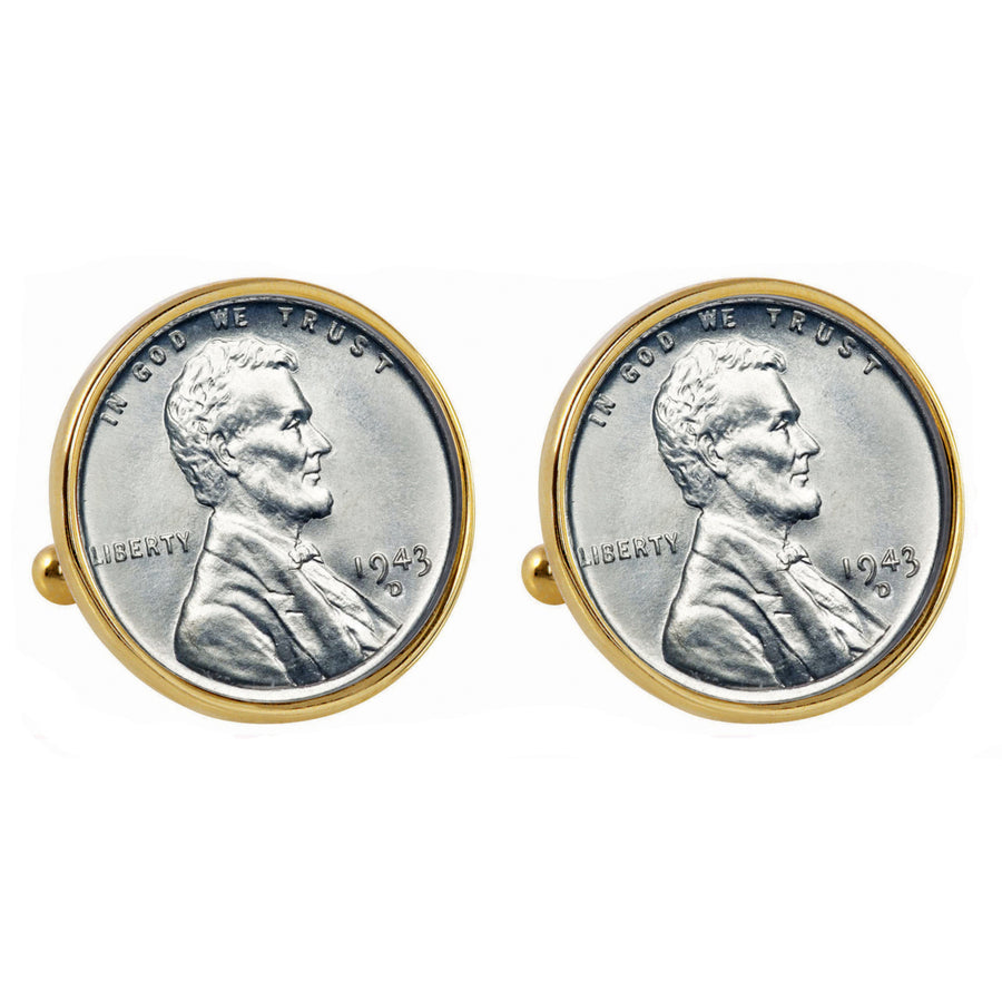 1943 Lincoln Steel Penny Goldtone Bezel Coin Cuff Links Image 1