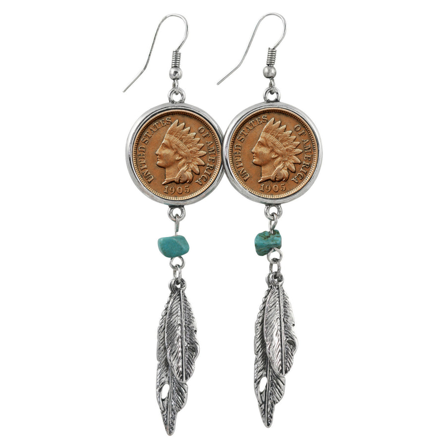100 Year Old Indian Head Penny Feather Silvertone Coin Earrings Image 1