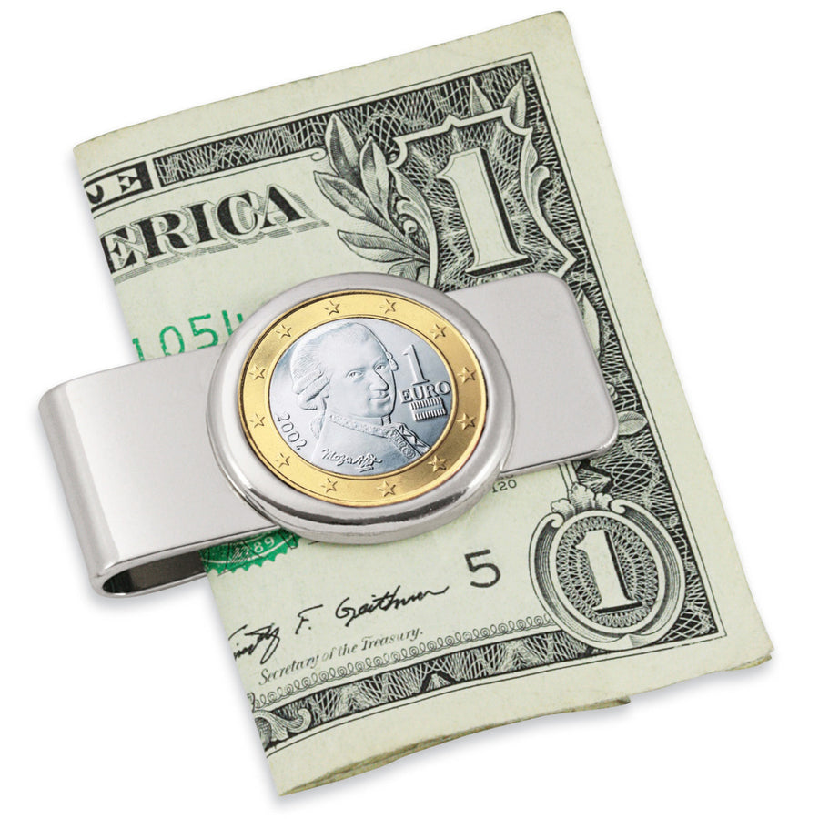 Austrian Mozart One Euro Coin Silvertone Coin Money Clip Image 1
