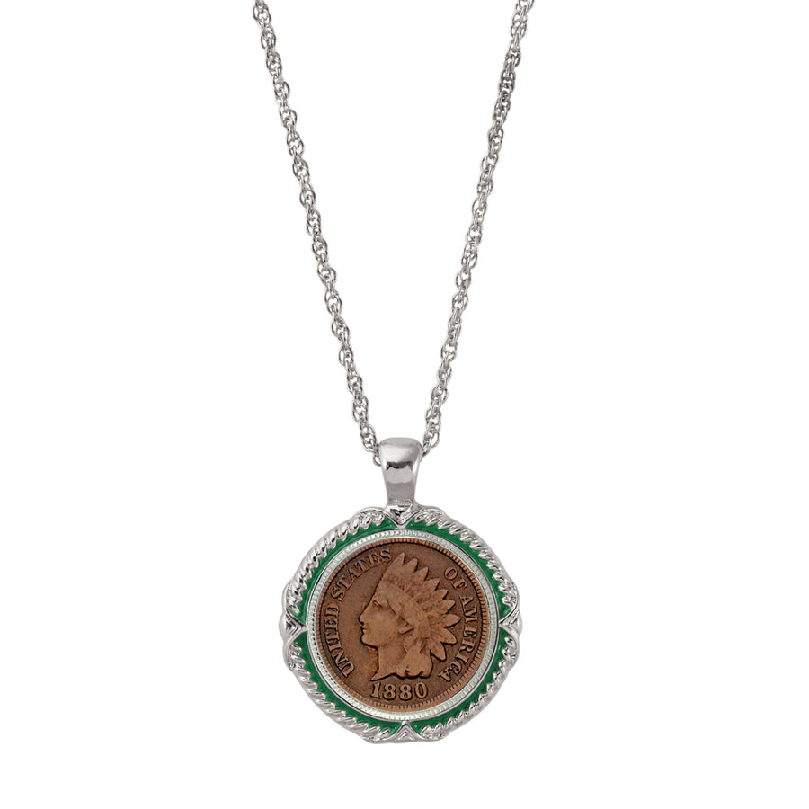 1800s Indian Head Penny Green Enamel Coin Pendant Necklace Image 1