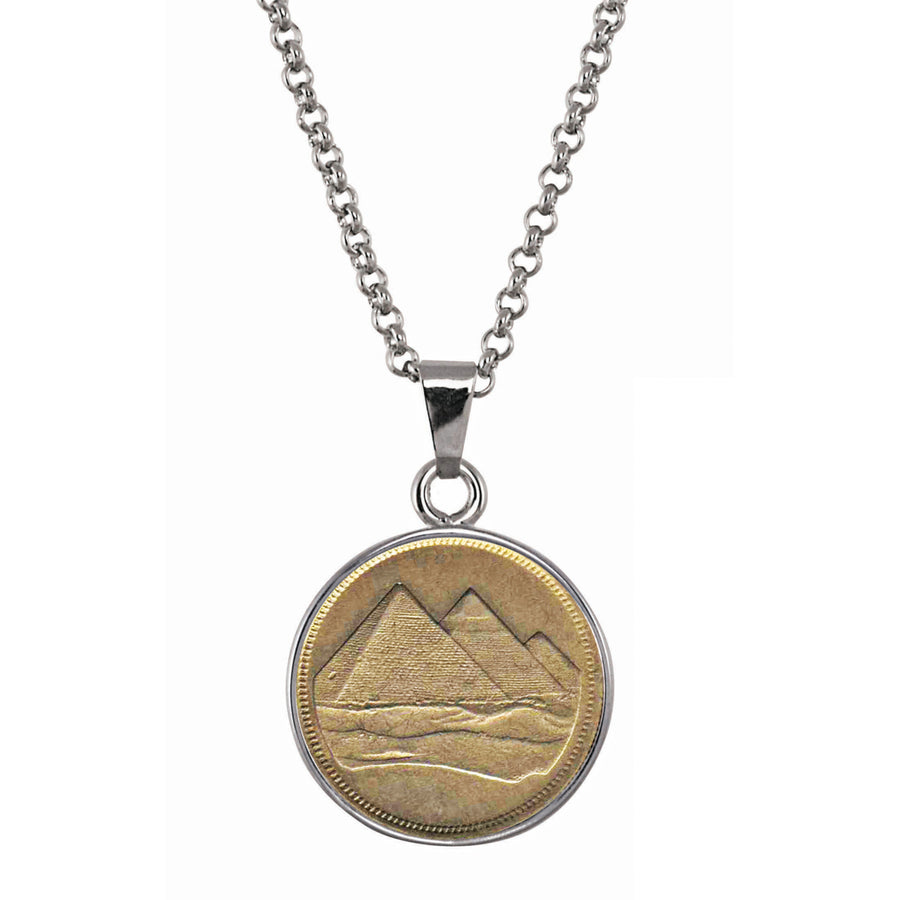 Egyptian Pyramid Coin 1 Piastre Coin Pendant with 18 Inch Silvertone Chain Image 1
