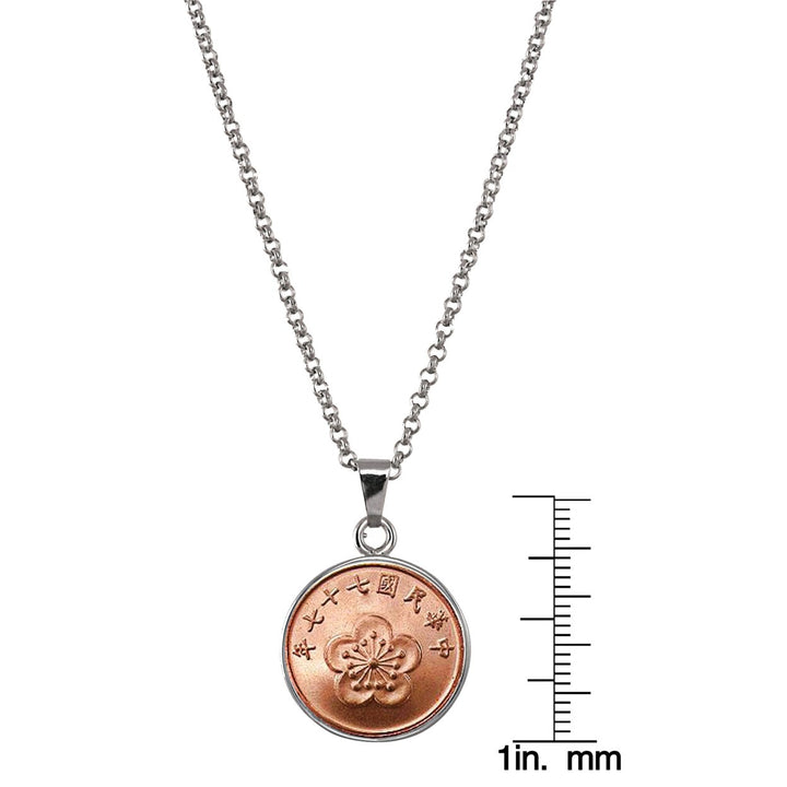 Lucky Taiwan Blossom Coin Silvertone Pendant Necklace Image 3