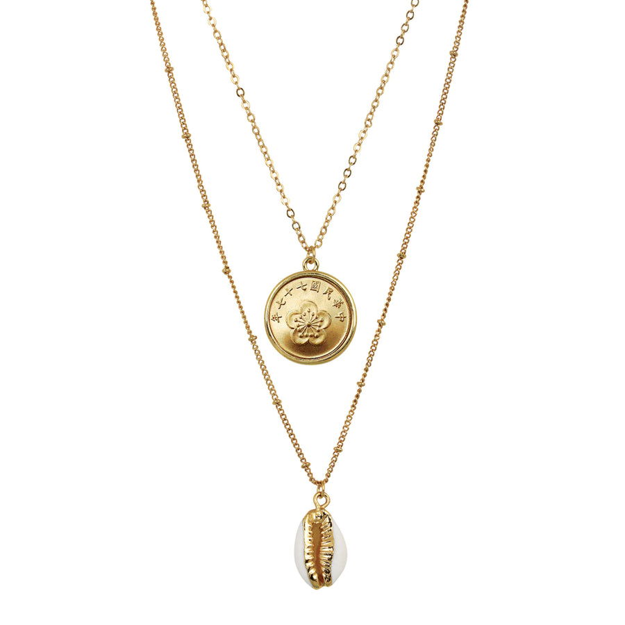 Gold Plated Chinese Orchid Coin With Gold Trimmed Cowrie Shell Double Chain Necklace Image 1