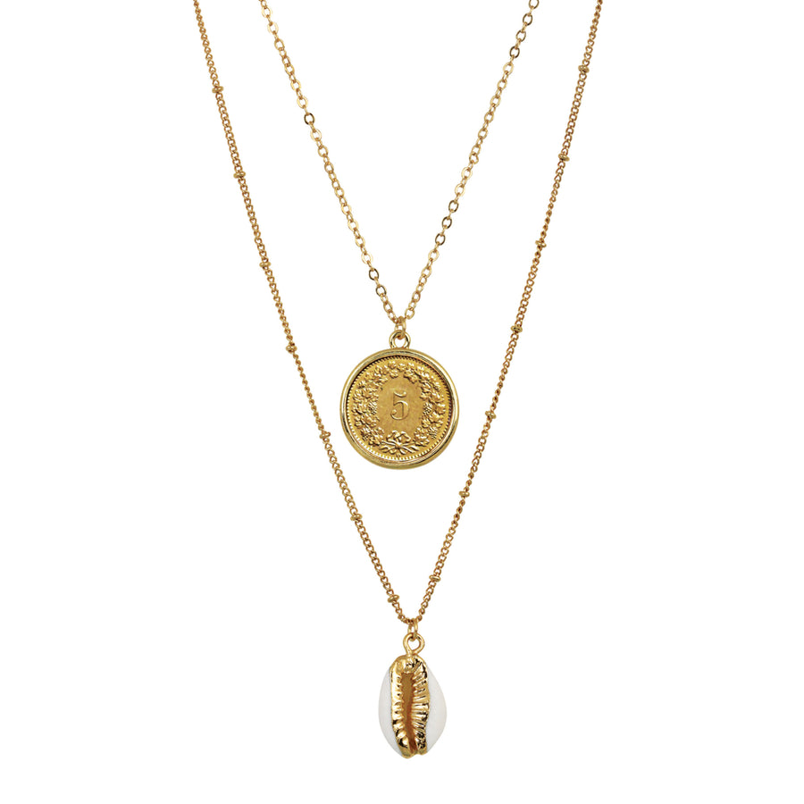 Swiss Coin With Gold Plated Cowrie Shell Double Chain Necklace Image 1