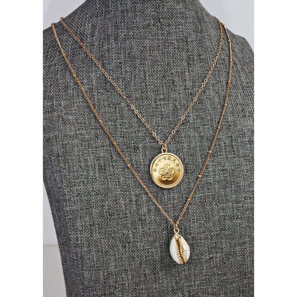Gold Plated Chinese Orchid Coin With Gold Trimmed Cowrie Shell Double Chain Necklace Image 2