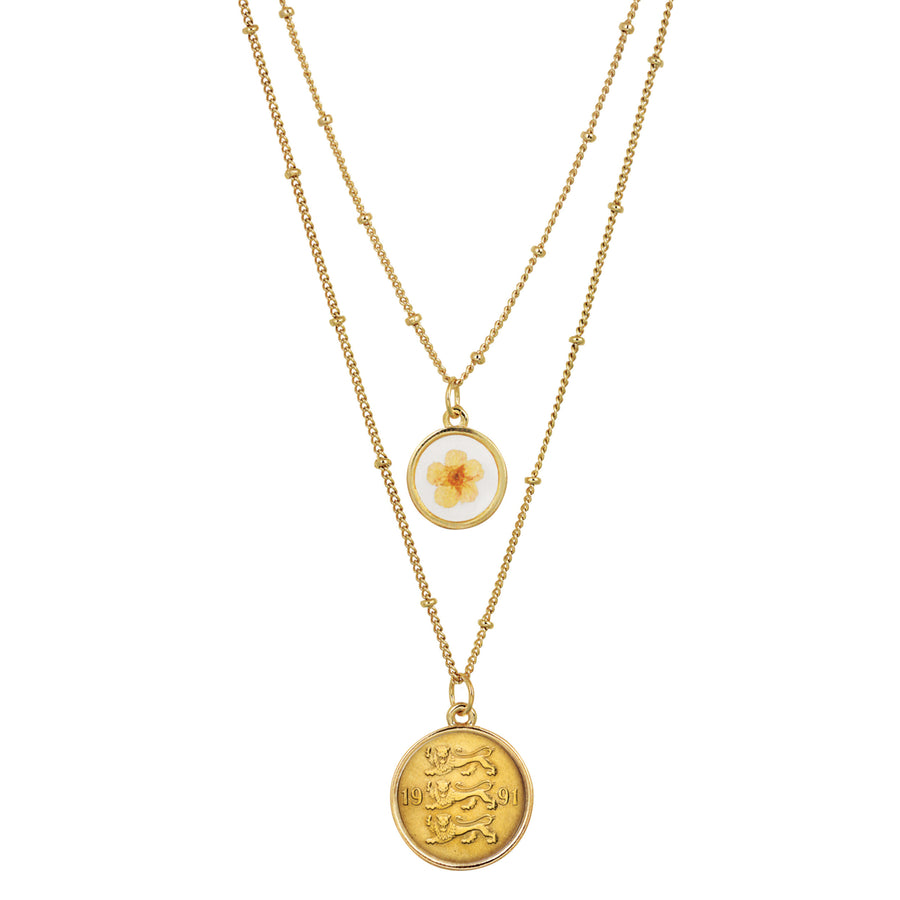 3 Lions Coin With Dry Flower Double Chain Necklace Image 1